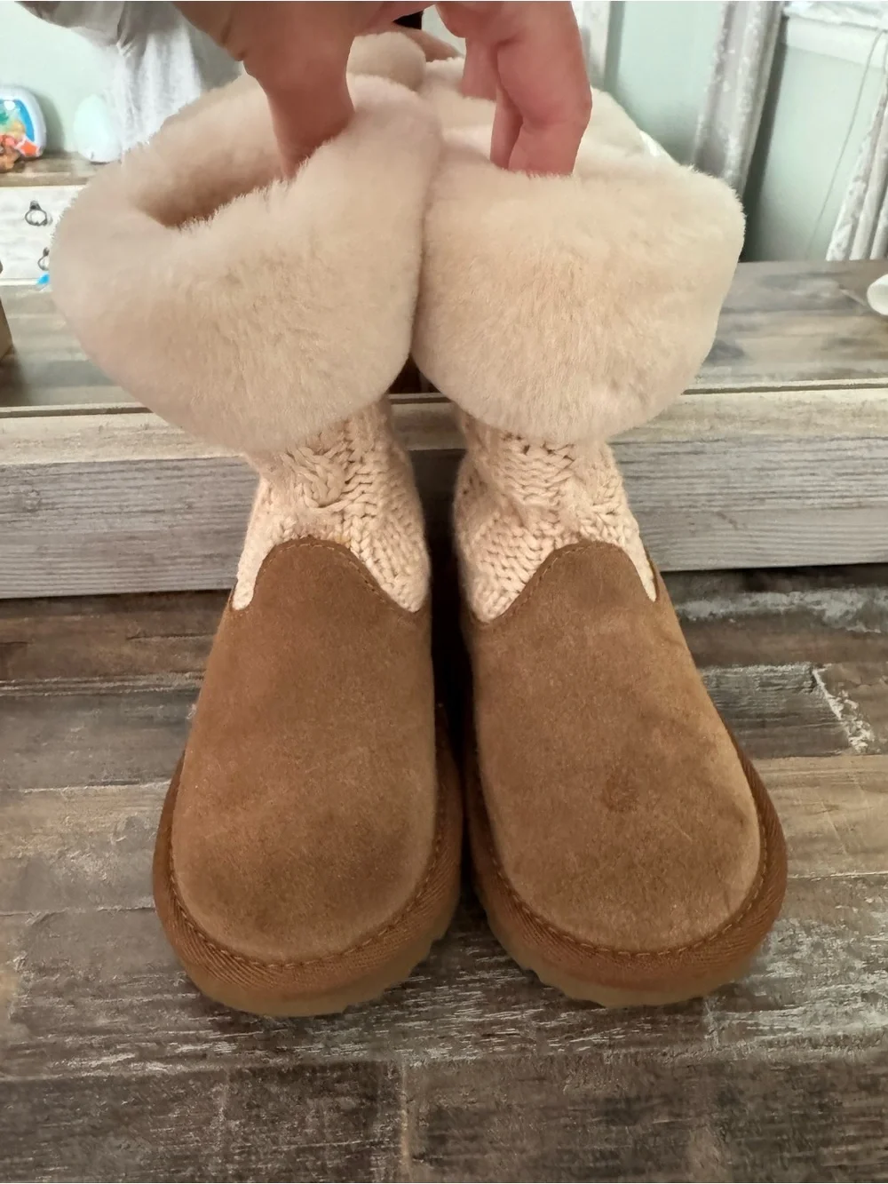 UGG Chestnut Suede Shearling Cuff Knit Ankle Booties